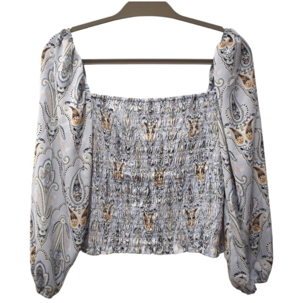 O'Neill Womens Blouse Smocked Square Neck Ballon Sleeves Baby Blue Paisley Print